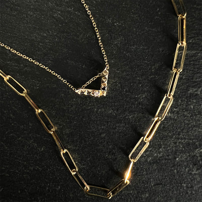 'Tender Love' Mini 'V' pendant, 14K yellow gold with black and white diamond. 16 inch cable chain, 12mm wide x 7mm long pendant