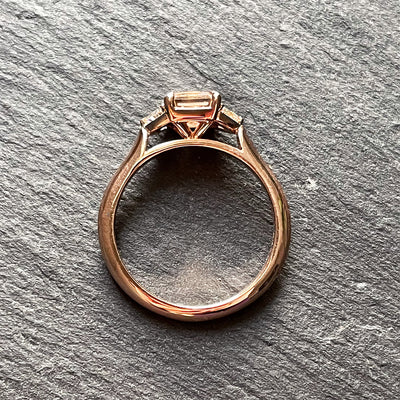 'Peachy Keen' 14K rose gold knife edge shank, 1.19ct peach sapphire and 0.25TCW Half moon diamond ring. Size 6.5
