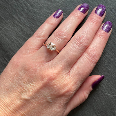 'Peachy Keen' 14K rose gold knife edge shank, 1.19ct peach sapphire and 0.25TCW Half moon diamond ring. Size 6.5