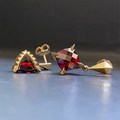‘Tender Love’ Drop Earrings with Cushion Cut Red Garnet in 18K Yellow Gold