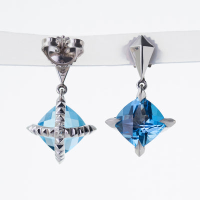 ‘Tender Love’ Drop Earrings with Cushion Cut Blue Topaz in 14K White Gold