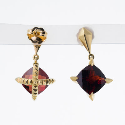 ‘Tender Love’ Drop Earrings with Cushion Cut Red Garnet in 18K Yellow Gold