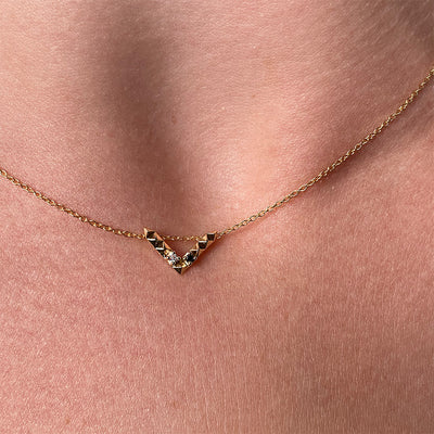 'Tender Love' Mini 'V' pendant, 14K yellow gold with black and white diamond. 16 inch cable chain, 12mm wide x 7mm long pendant
