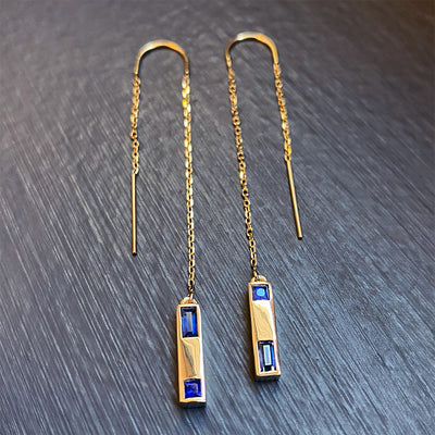'Raising the Bar' 0.48TCW Blue Sapphire and 14K yellow gold bar drop earrings on chain threader