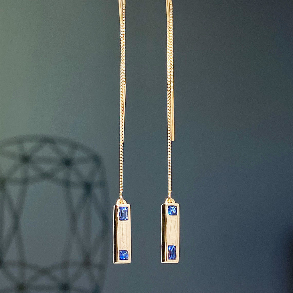 'Raising the Bar' 0.48TCW Blue Sapphire and 14K yellow gold bar drop earrings on chain threader
