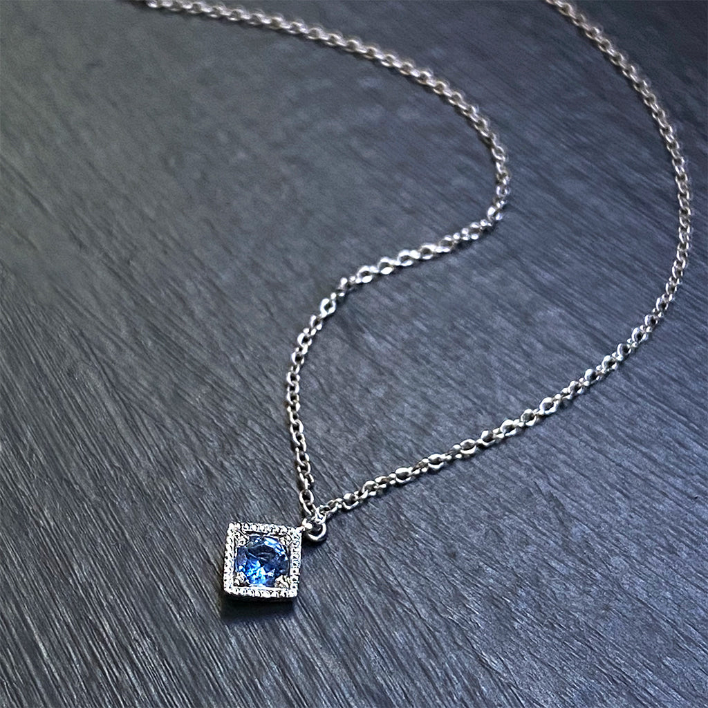 Montana Blue Sapphire Vintage Pillow Pendant with Milgrain in 10K White Gold