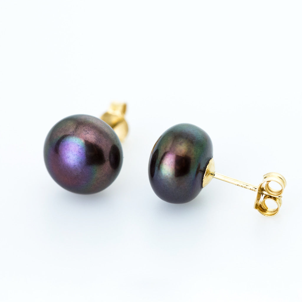 Black 10mm Button Freshwater Pearl Earrings in 14K Yellow Gold