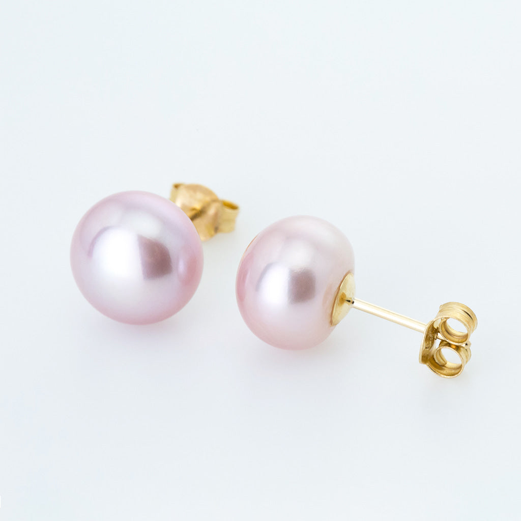 Dusty Rose 10mm Button Freshwater Pearl Earrings in 14K Yellow Gold