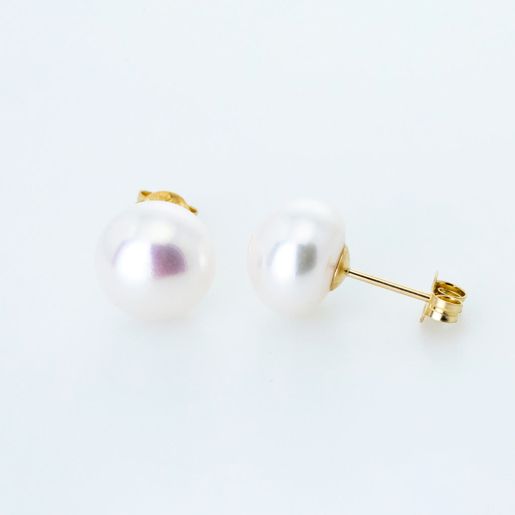 White 10mm Button Freshwater Pearl Earrings in 14K Yellow Gold