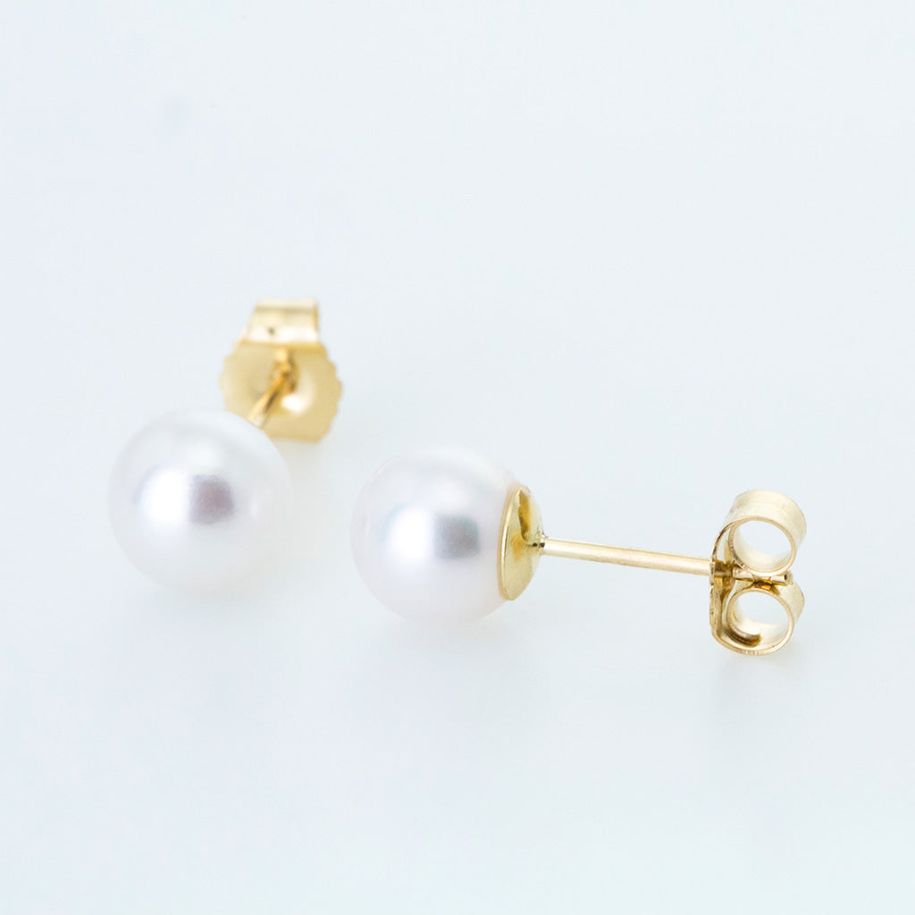 White Classic 6mm Freshwater Pearl Studs in 14K Yellow Gold