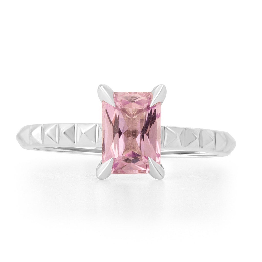 ‘Tender Love’ Engagement Ring with Emerald Cut Pink Sapphire in 14K White Gold