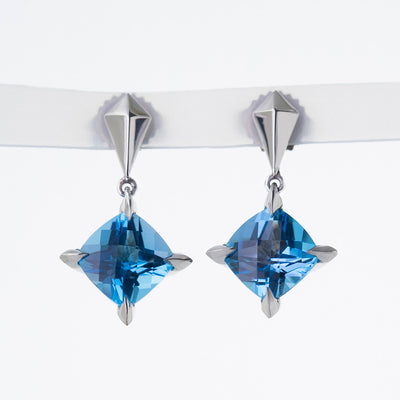 ‘Tender Love’ Drop Earrings with Cushion Cut Blue Topaz in 14K White Gold