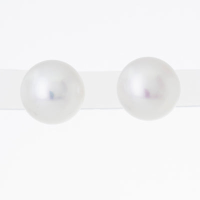 White 10mm Button Freshwater Pearl Earrings in 14K Yellow Gold